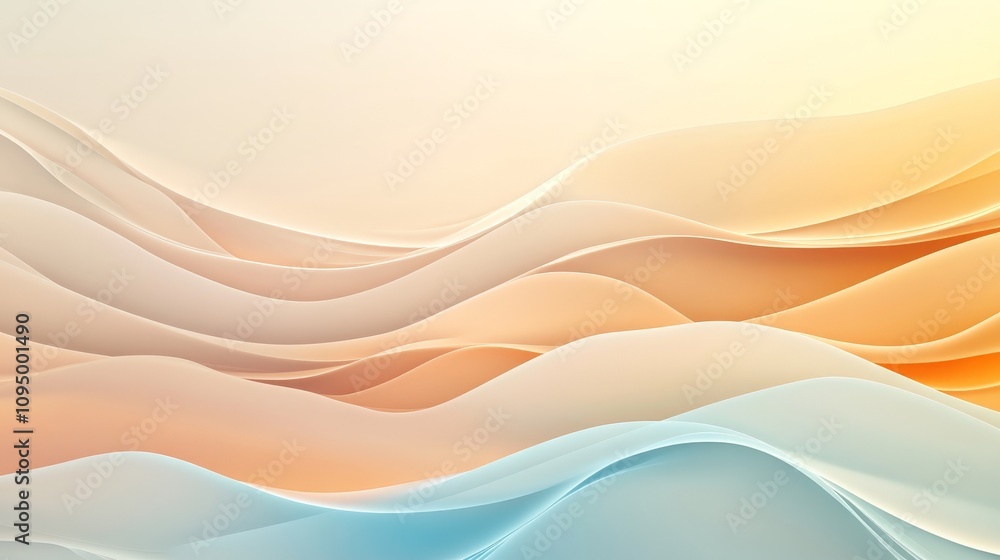 Poster a serene, abstract background featuring soft, flowing waves in pastel shades of peach and blue, crea