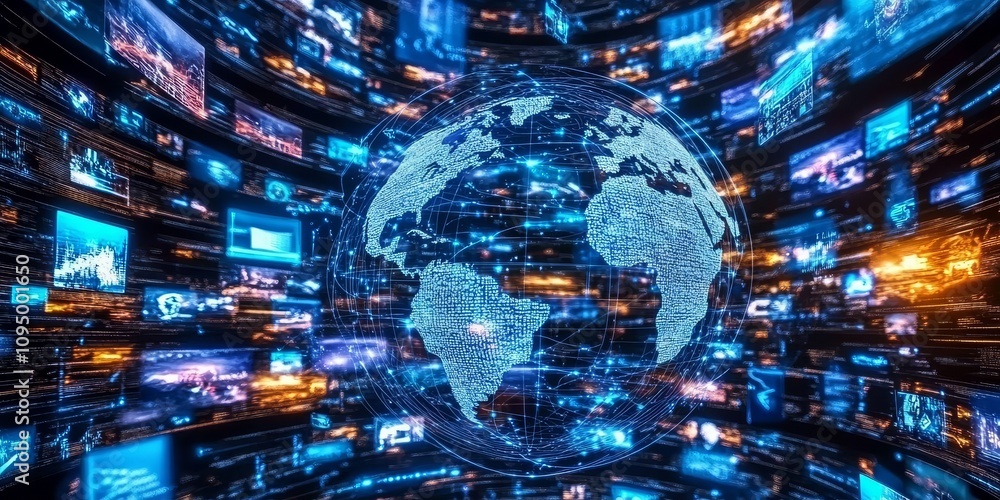 Aufkleber illustrating the network of communication technology through floating media content.