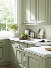 Elegant Green Kitchen Cabinets and Granite Countertop