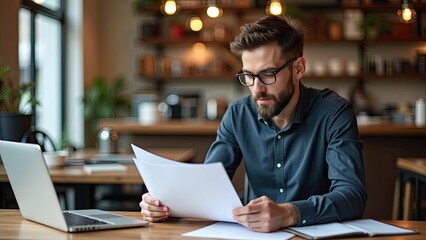 Obraz premium Young man reviews documents while working at a cozy cafe during the afternoon