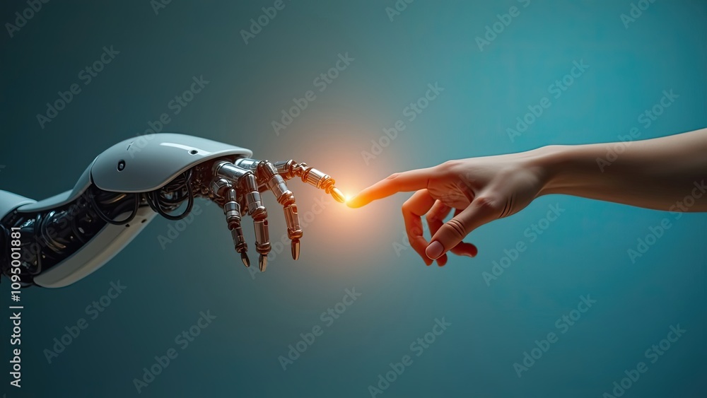 Poster connection between human and robotic hand symbolizes progress in artificial intelligence and technol