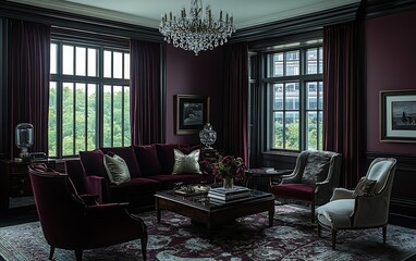 Fototapeta premium Elegant dark red living room with crystal chandelier, plush furniture, and city view.
