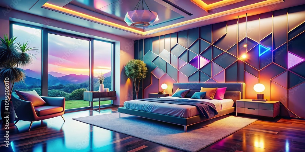 Poster futuristic bedroom design with modern layout and abstract geometry emphasizing minimalism and sophis
