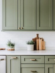 Sage Green Kitchen Cabinets With Plants And Cutting Boards