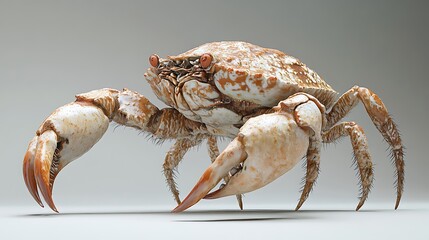 A detailed side view of a crab with its claws raised, isolated on a white background