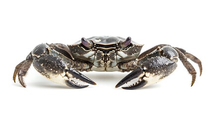 A crab with one claw raised as if in a defensive position, isolated on a bright white background