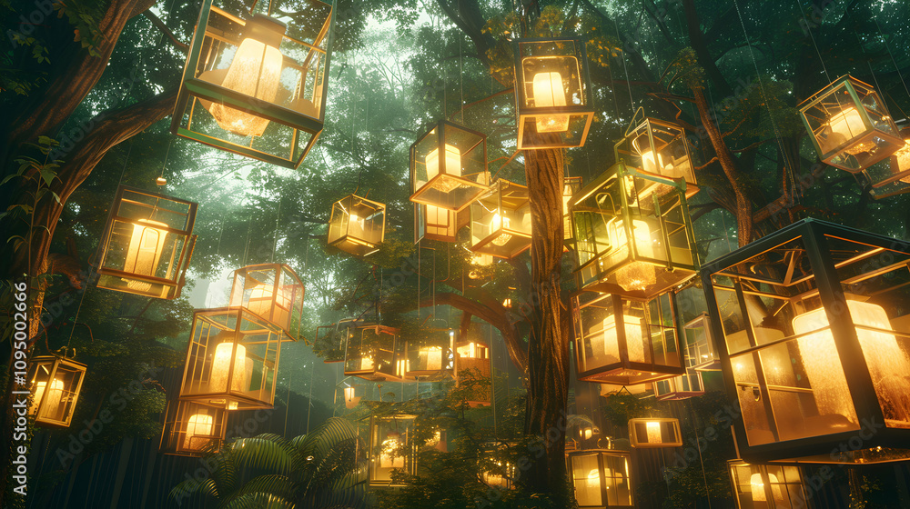 Poster a serene forest illuminated by hanging lanterns, creating a magical atmosphere.