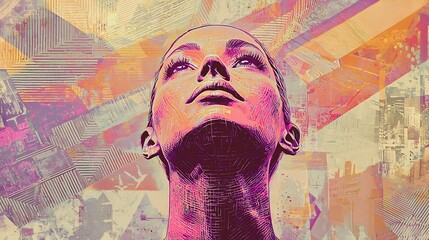 Graceful ethereal female figure gazing upward in a vibrant surreal surrounded by pastel abstract patterns glowing geometric designs and faint urban details