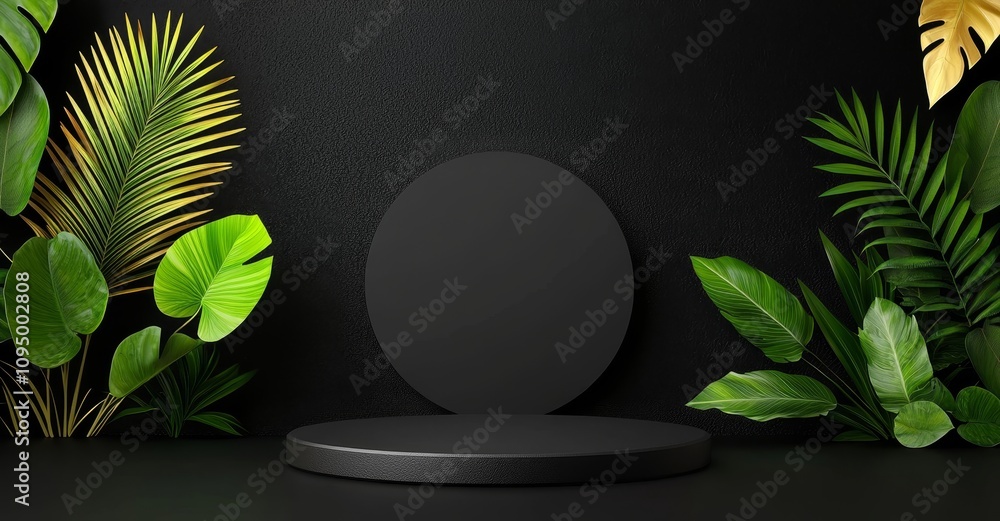 Poster an elegant setup with a circular window on a black backdrop, adorned with golden palm leaves and a c