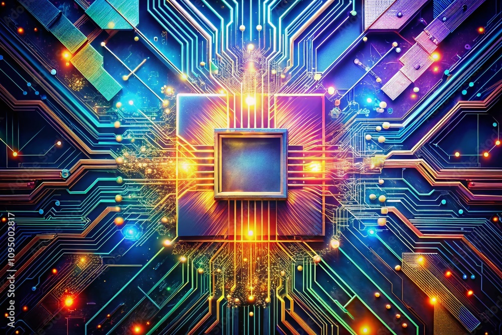 Poster futuristic double exposure photography blending cpu logos with abstract technology elements for high