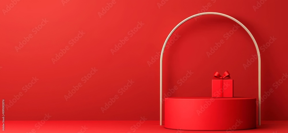 Poster a circular platform in deep red with a golden ring decoration, set against a dark maroon backdrop. a