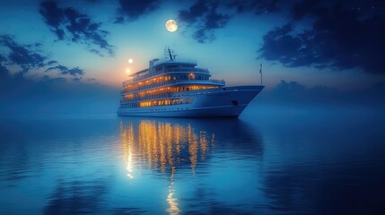 Fototapeta premium A serene cruise ship illuminated at dusk, reflecting on calm waters under a starry sky.