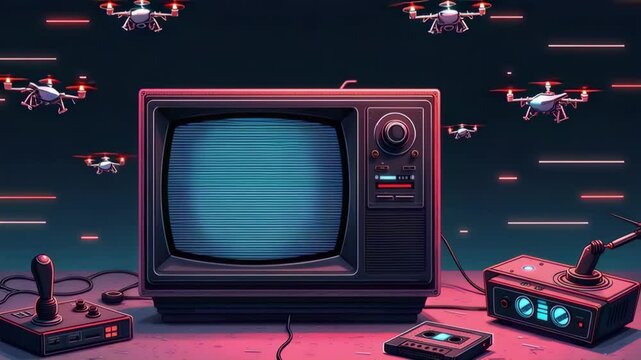 An Animation of a Vintage Game Console with CRT Monitor and Drone UFO Gaming