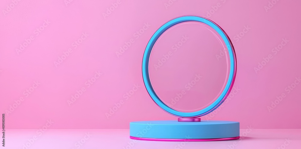 Poster a luxurious pink platform featuring overlapping transparent circular glass elements, creating a mini