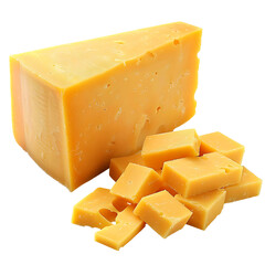 Block of aged cheddar cheese with sliced pieces displayed creatively on a white background, perfect for culinary and food-related projects and designs, Isolated on transparent background