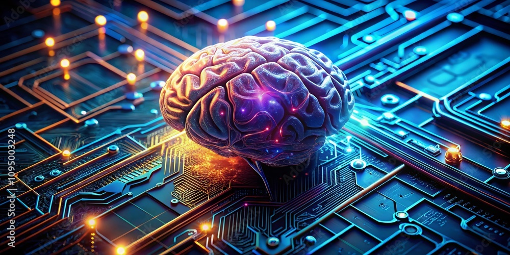 Poster futuristic holographic brain with abstract circuit board design in a technological background for in