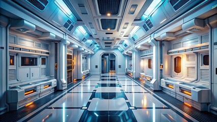 Naklejka premium Futuristic Sci-Fi Interior with Tilt-Shift Perspective of Sleek White Rooms and Corridors Filled with Advanced Technology and Modern Design Elements