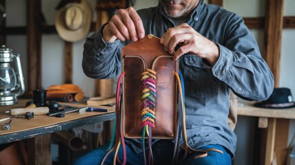 Obraz premium A craftsman intricately weaves colorful threads into a leather pouch, showcasing skillful craftsmanship in a rustic workshop setting.