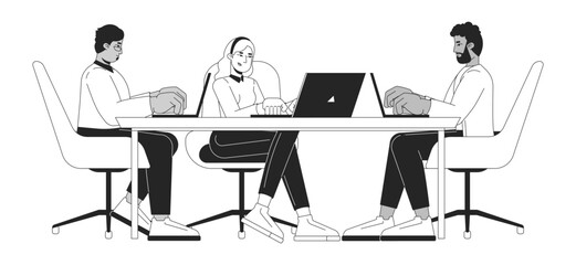 Business team of multiethnic employees working on laptops black and white 2D line characters. Young adults office workers at desk isolated vector outline people. Monochromatic spot illustration