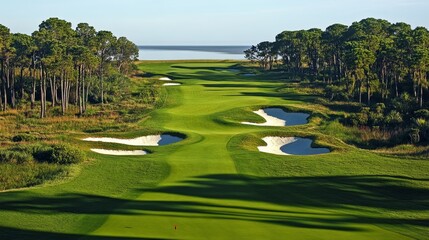 Luxury golf course design with ocean view, fairway, forest, green grass and sand traps