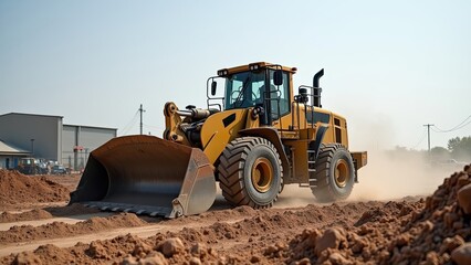 Obraz premium Large construction vehicle operates on a dusty site, moving dirt in the afternoon sunshine