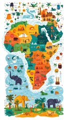 Fototapeta premium Illustrated Map Depicting African Wildlife And Landmarks