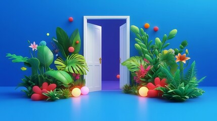 Open Door to Garden with Glowing Plants in 3D Render