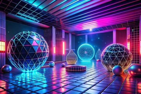 Futuristic Urban Exploration of 3D Wireframe Shapes: Sphere, Cylinder, Torus, Amorphic Asteroid, Hyperboloid, and Geometric Elements in a Retrowave Metaverse Setting