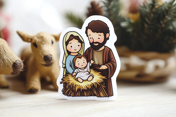 Flat cutout vector sticker of the holy family - mary, joseph, and the infant jesus - in the stable, isolated on white background. © Infinity Lens