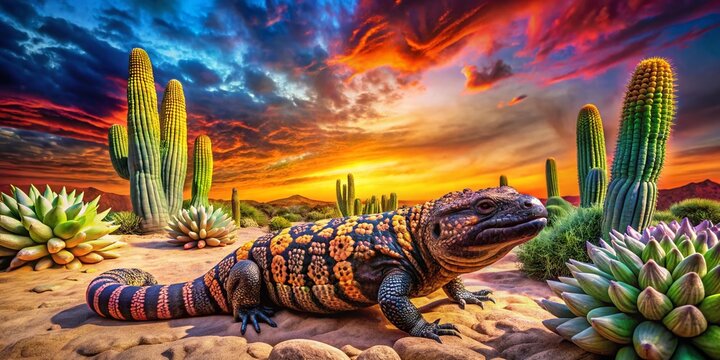 Gila Monster in a Surreal Desert Landscape: A Conceptual Exploration of Nature's Curiosities and Colorful Patterns in a Vibrant Setting