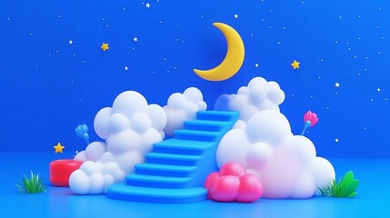 Cloud Staircase Leading to Crescent Moon - 3D Rendered Art
