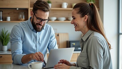 Obraz premium Colleagues collaborating in a modern workspace while enjoying coffee and discussing ideas