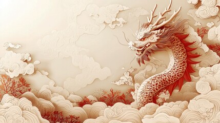 Artistic Chinese New Year background with a paper-cut dragon motif and auspicious clouds.