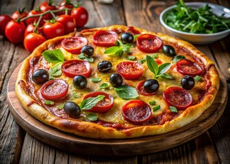 Golden Brown Pizza Crust with Savory Salami, Melted Cheese, Ripe Tomatoes, and Olives - A Night Photography Delight Capturing Deliciousness in Every Bite