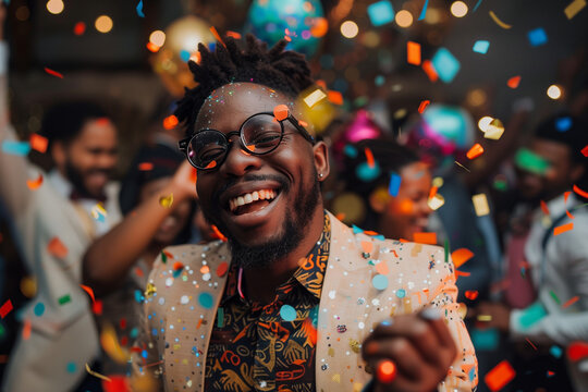 Happy cool black man dancing under confetti at office christmas party. African businessman partying celebrating promotion, winning competition, new job, career success. Successful male boss concept


