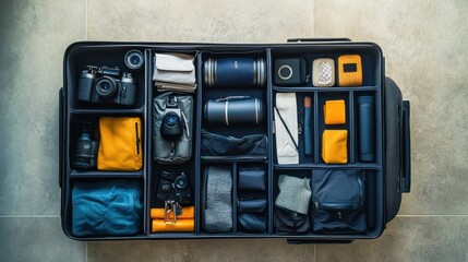Organized travel suitcase with photography gear and clothing.