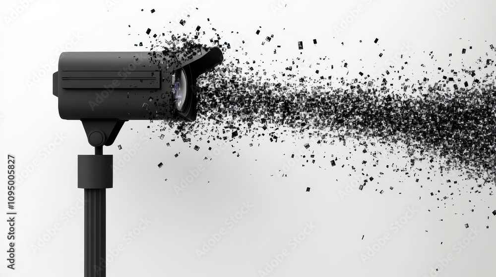 Poster surveillance camera disintegrating into pixelated fragments, symbolizing loss of security and privac