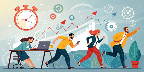 Emphasizing speed and productivity, the dynamic scene shows a diverse group of professionals, some running and one working at a desk. In the background there are gears, graphs and a stopwatch. AI 