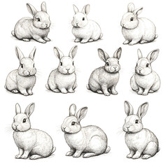 set collection of drawn easter rabbit bunnies 