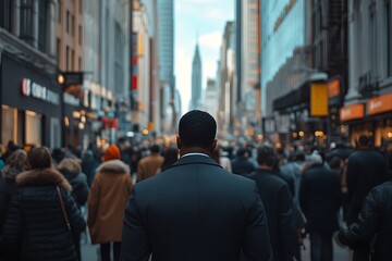 Obraz premium Anonymous Businessman Commuting Sunlit Cityscape, Back View