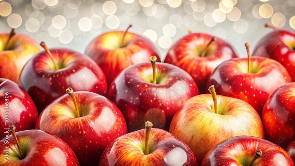 Poster halves of red apples on white background with bokeh effect, uniformly arranged for a fresh and clean