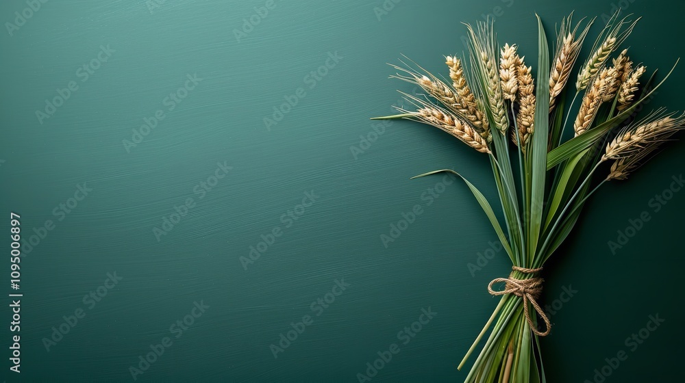 Poster wheat bundle ornamental sheath tied with raffia bow in close-up and in top view with textural space 