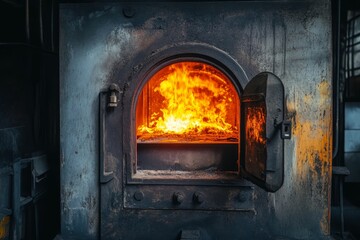 Fiery flames inside old, metal furnace.