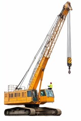 Large yellow crane, operator, lifting hook.