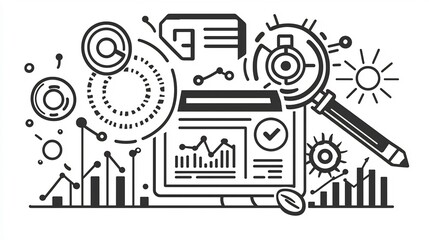 Obraz premium Minimalist black and white outline set of digital marketing icons featuring management production work processes project planning and target success for business software analytics
