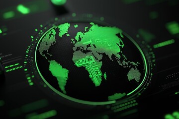 Futuristic digital world map with green accents on a dark background.