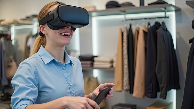 Woman enjoying virtual reality experience while shopping at a modern retail store