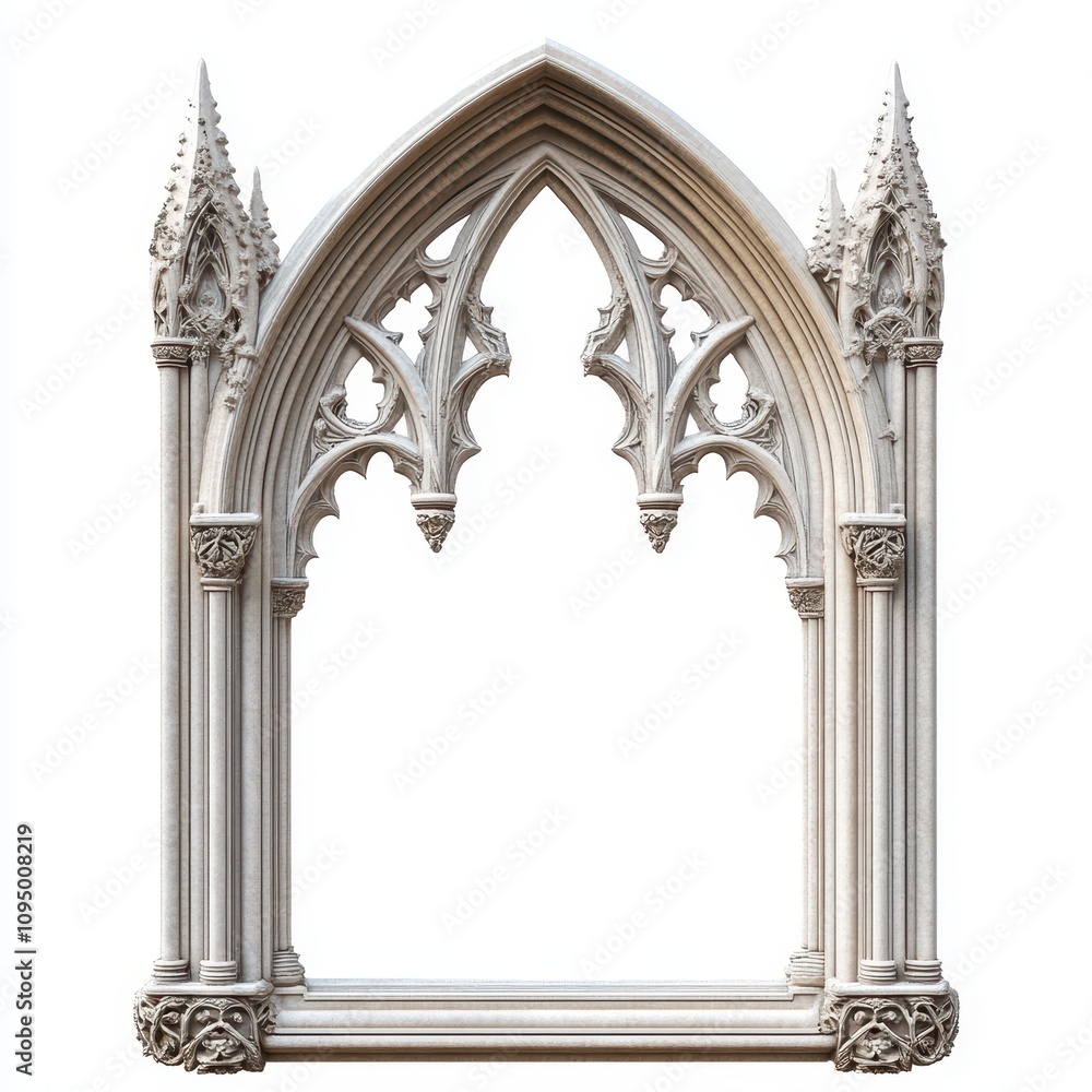 Poster a detailed gothic-style architectural window frame with intricate designs.