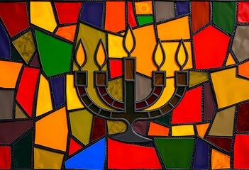 Fototapeta premium Colorful stained glass window with menorah design.