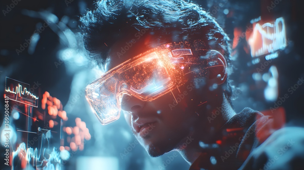 Poster a professional presenting using wearable holographic glasses projecting 3d glowing insights and 2d v